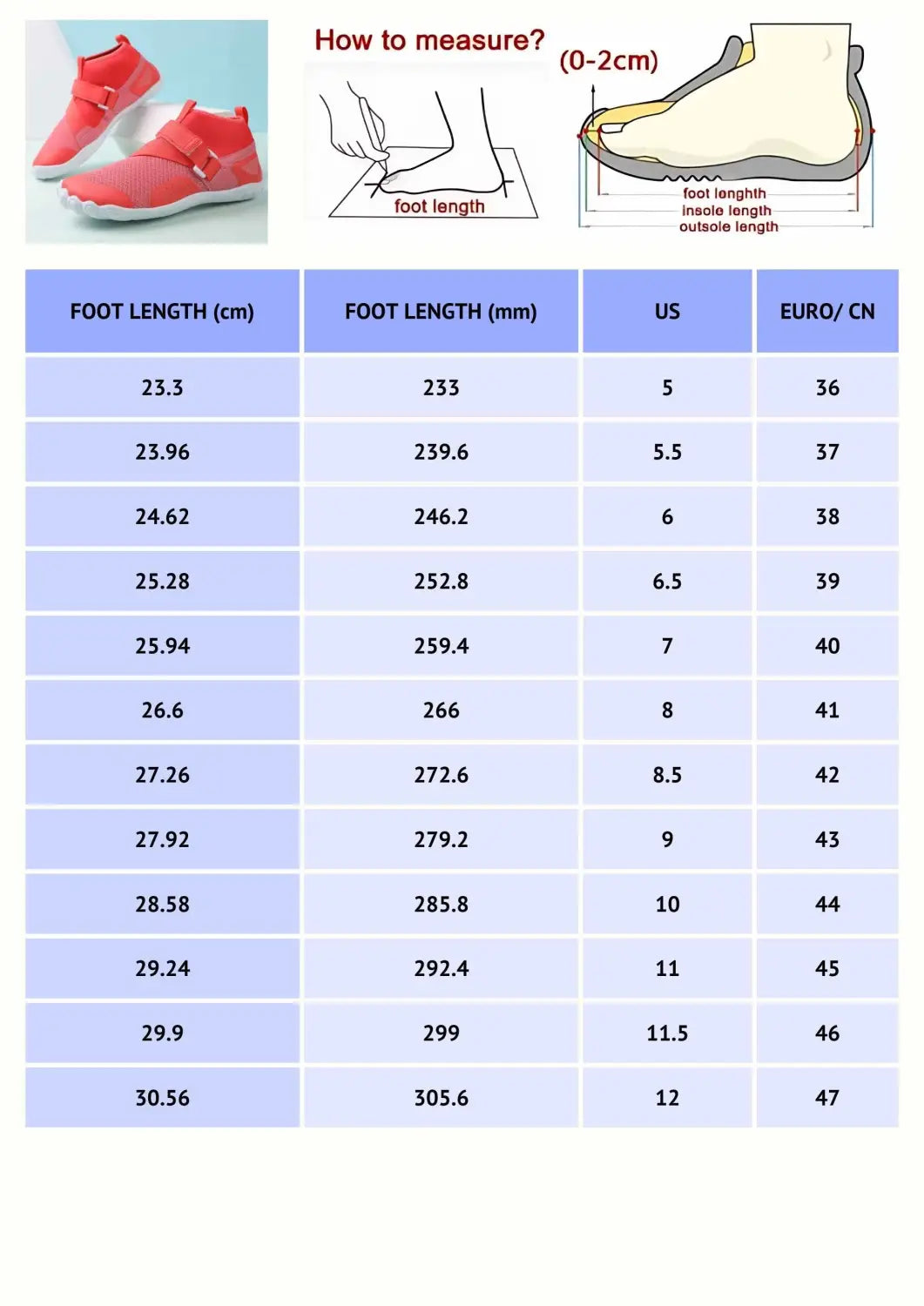 Shoes To Wear To Yoga size guide chart with foot length, US sizes, and EU sizes