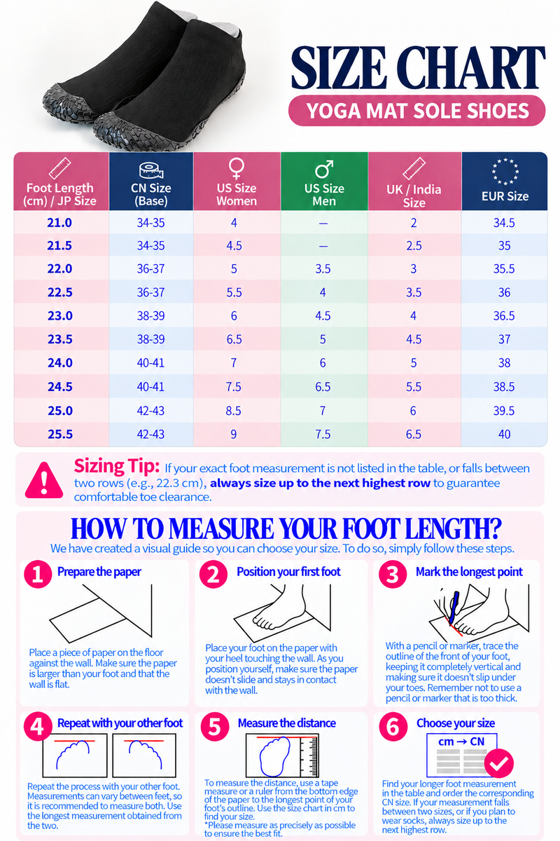 Detailed size chart and measurement guide for Shoes With Yoga Mat Soles For All Day Comfort