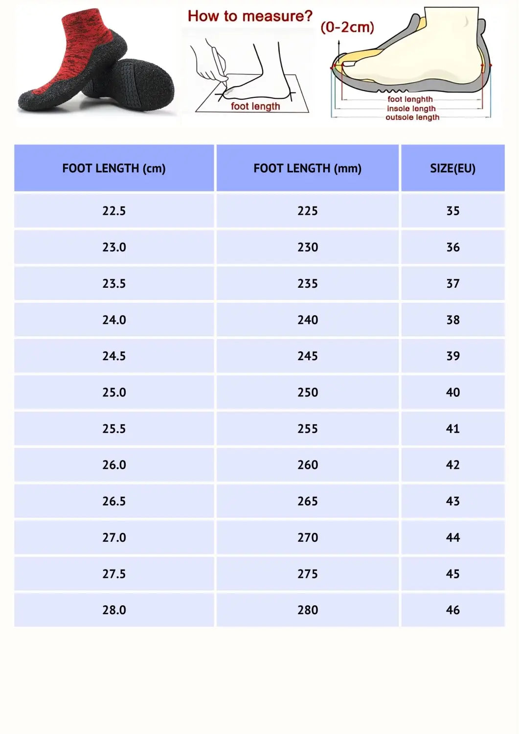 Shoes yoga size guide chart with EU sizes and foot length in cm and mm
