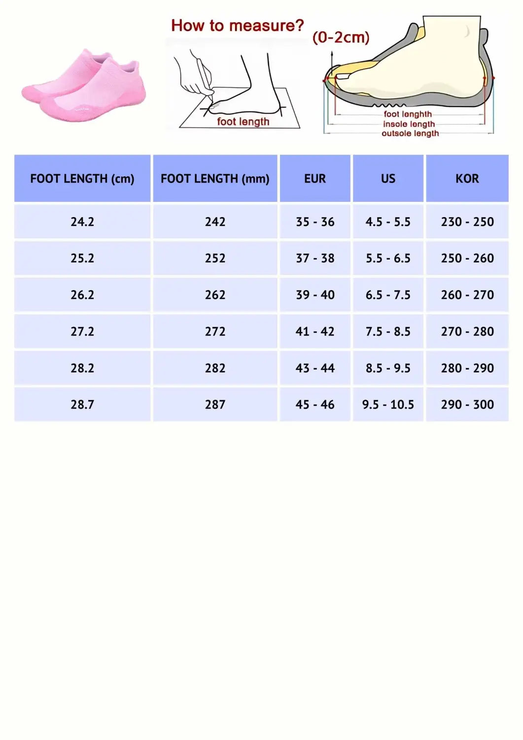 Slip on shoes to wear to yoga size chart with foot length in cm, mm, EU, US, KOR