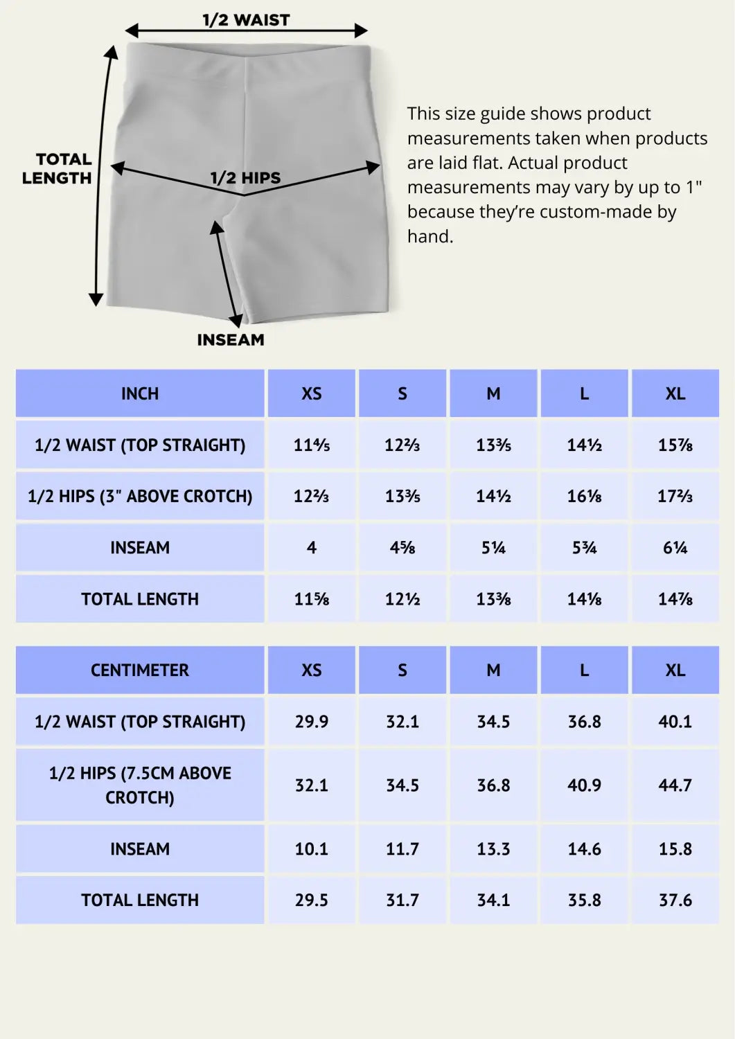 Small Yoga Shorts size chart with waist, hips, inseam, and length diagram