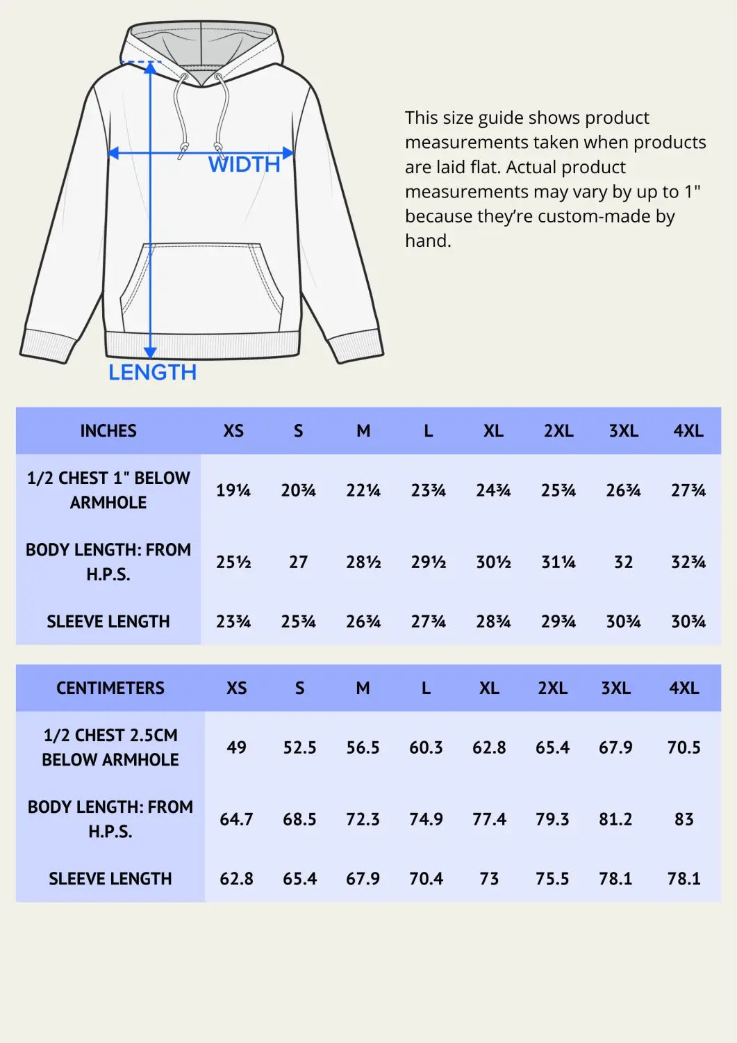 Sportswear Hoodie size chart with diagram showing width, length, and sleeve measurements