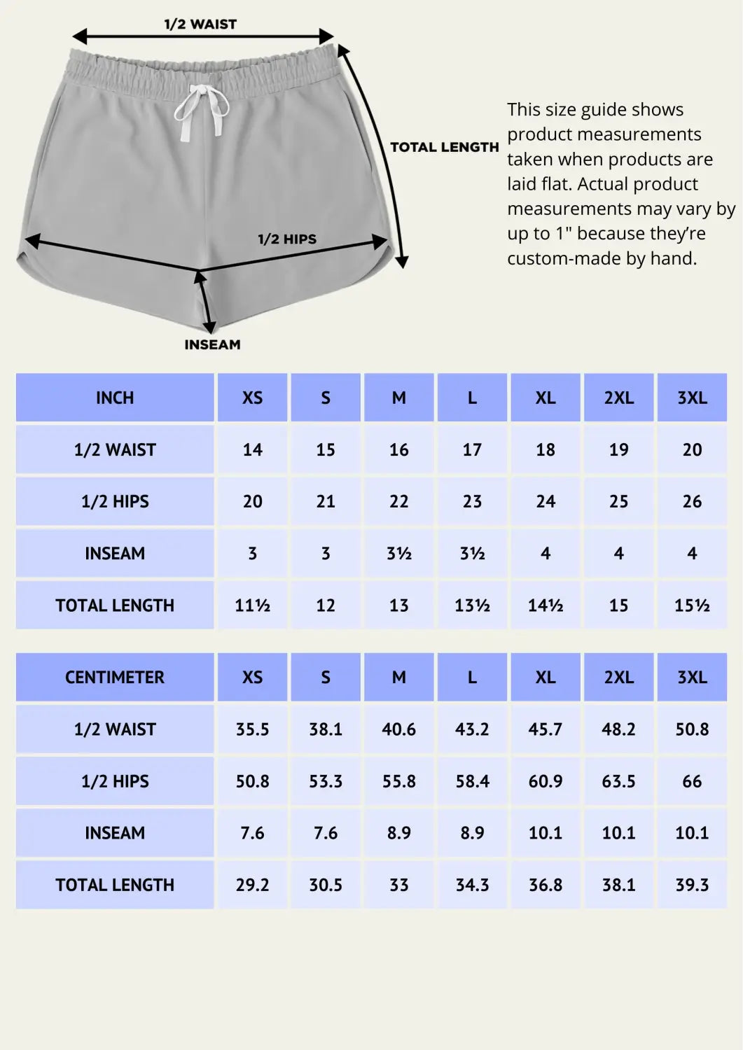 Woman Loose Shorts size chart with waist, hips, inseam, and length diagram