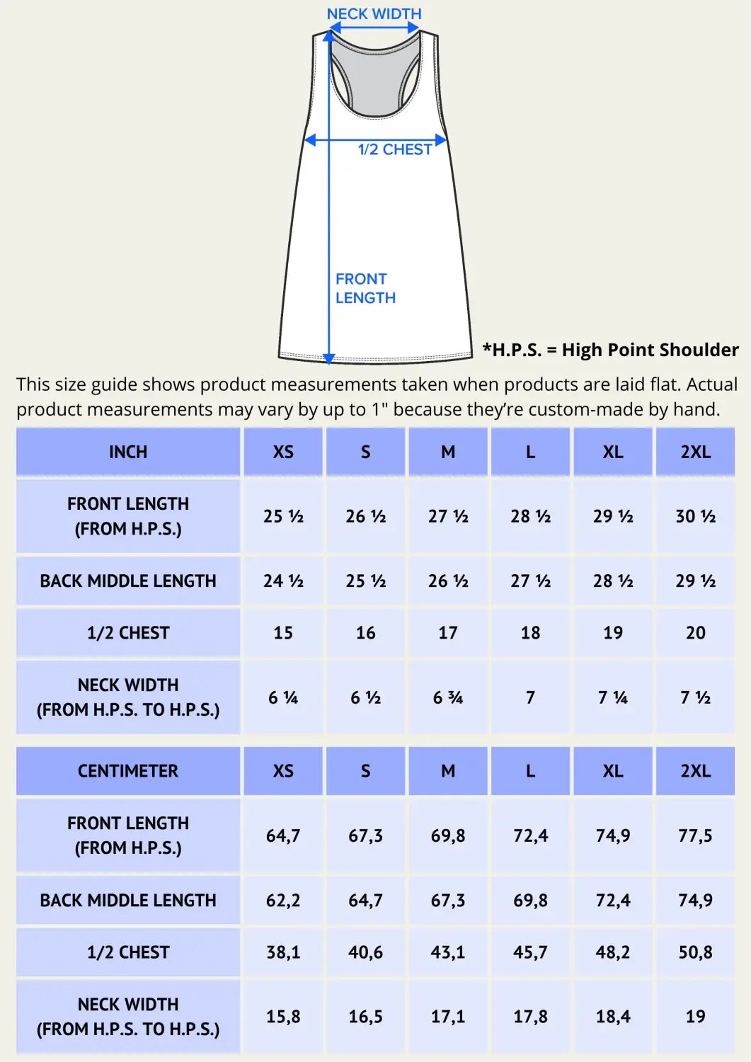 Women’s tank top diagram showing chest, neck width, and length