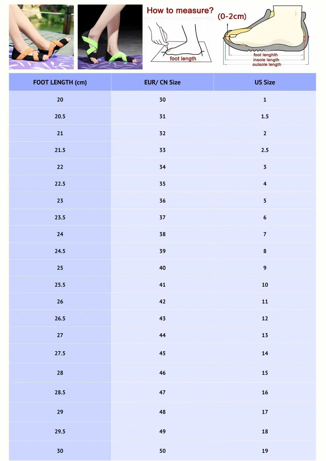 women's yoga shoes size guide chart showing foot length, EU/CN size, and US size