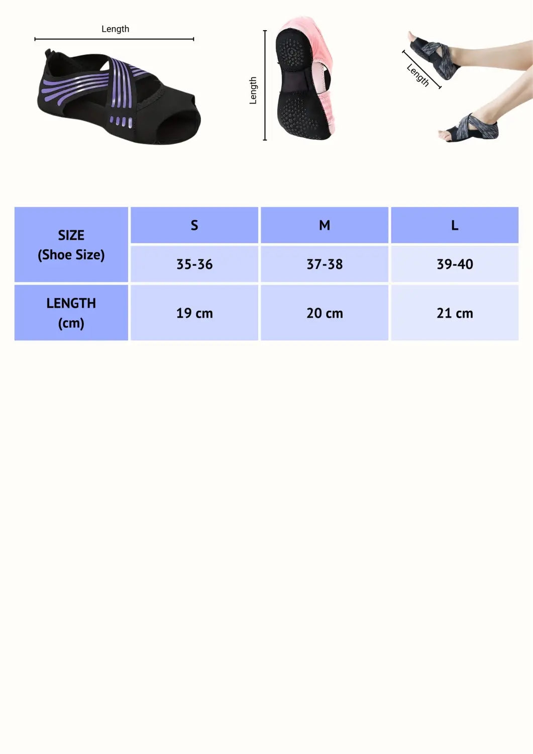 Womens yoga shoes size reference diagram with foot measurement details