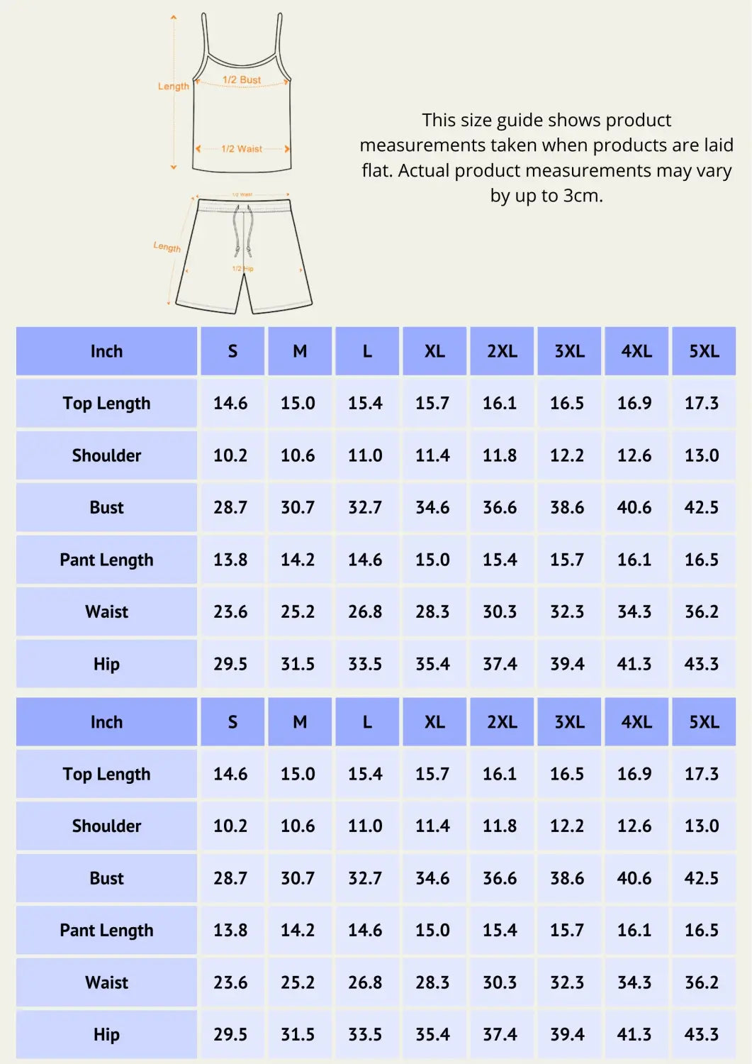 Workoutsets size chart with bust, waist, hip, and length measurements for yoga shorts set