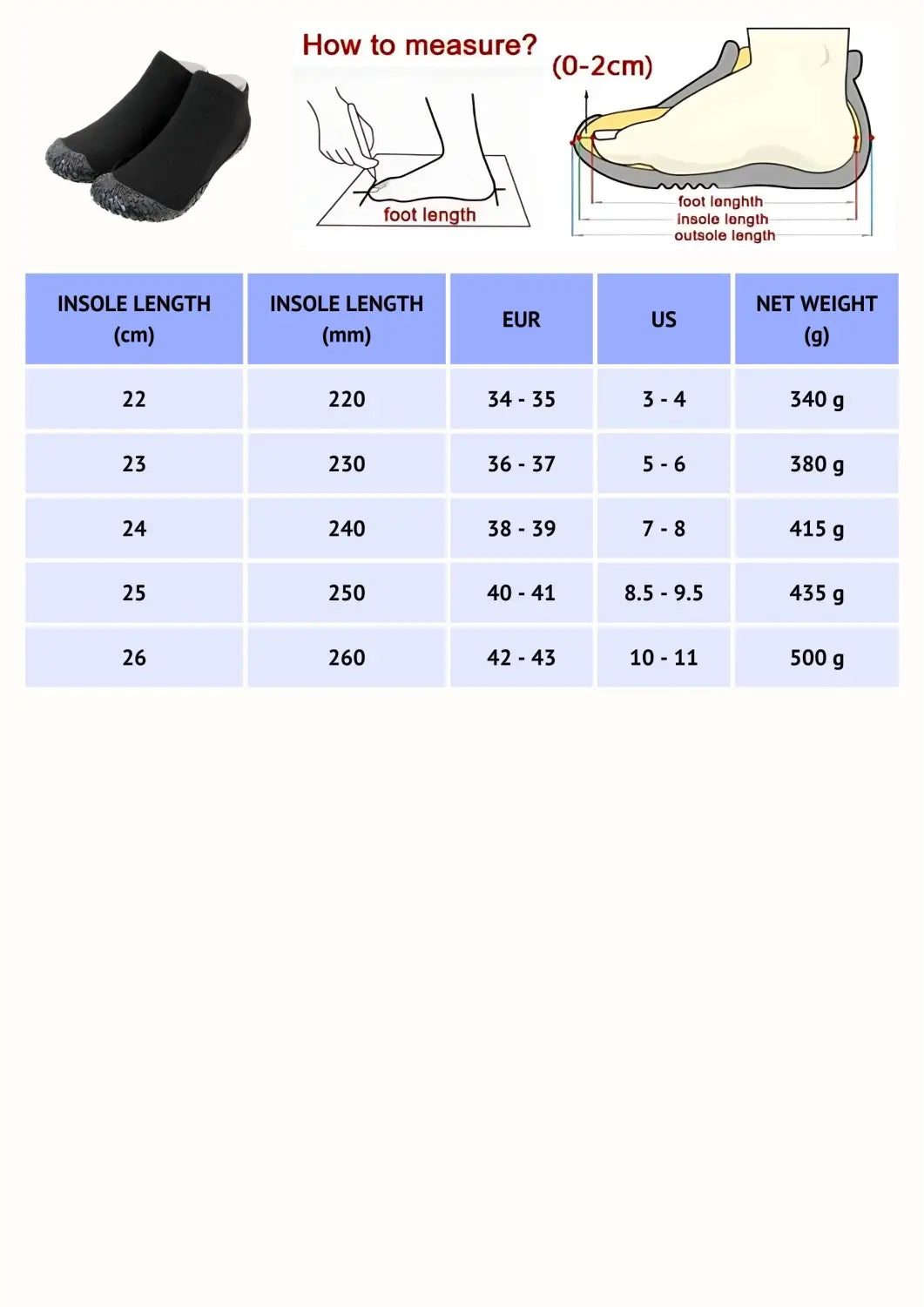 Yoga barefoot or shoes size chart with foot length and EU US conversions