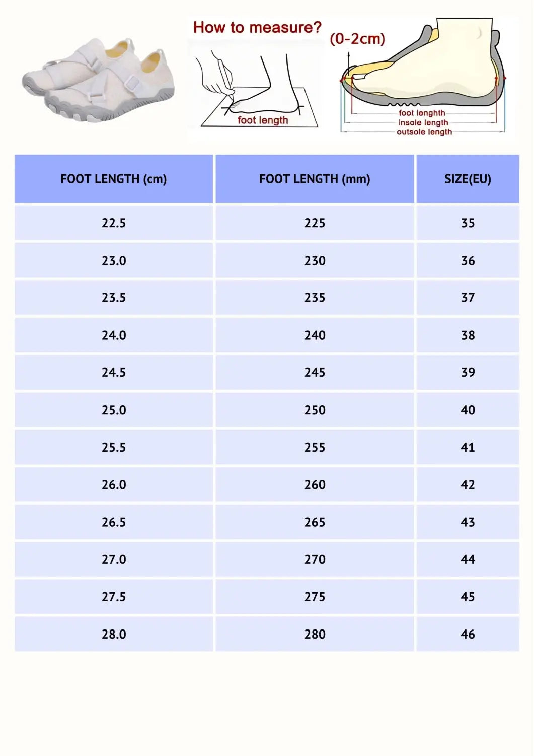 Yoga footwear size guide chart showing foot length in cm, mm, and EU sizes