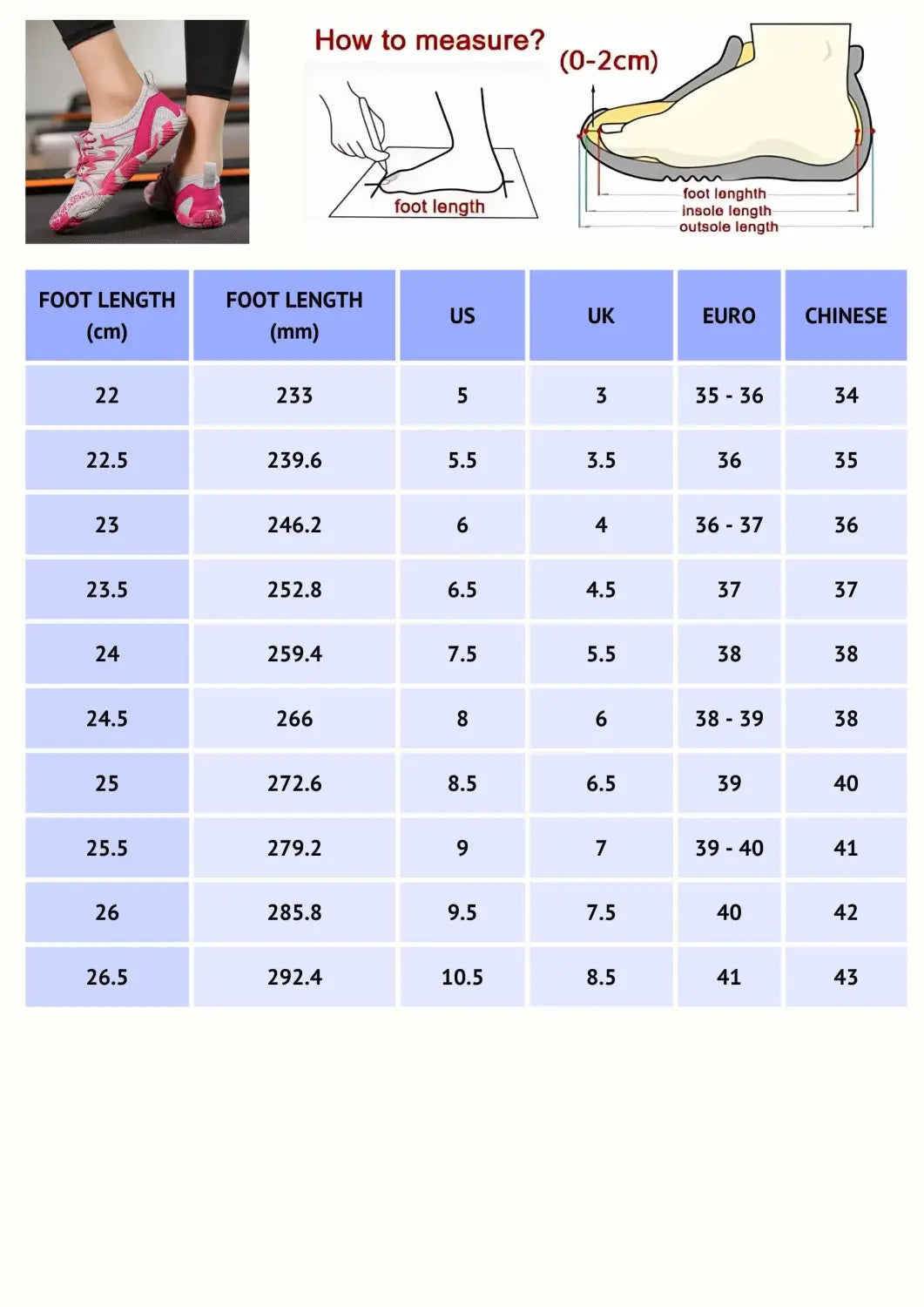 Yoga in shoes size guide chart with foot length in cm, mm, US, UK, EU, Chinese sizes