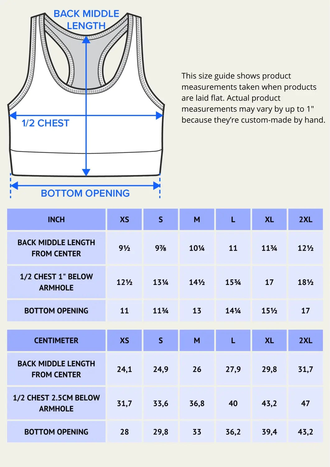 Yoga Pants Sports Bra size chart with chest, back length, and bottom opening diagram