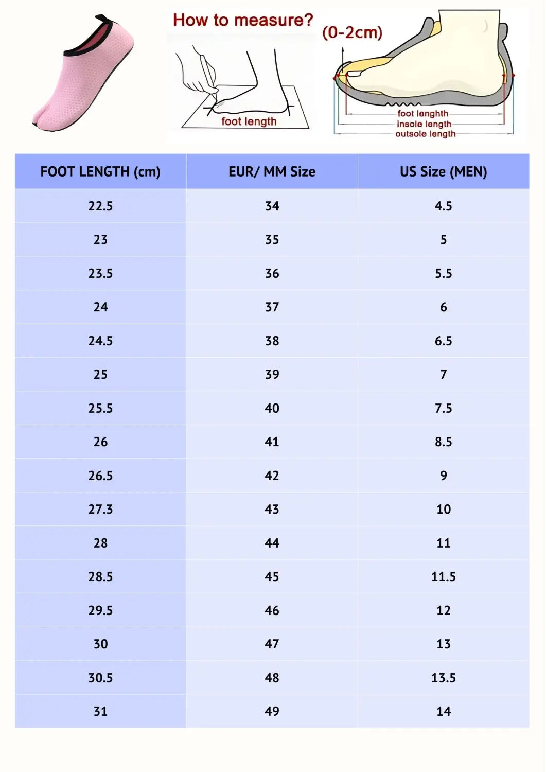 Yoga shoe size chart with foot length in cm, EU, and US sizes