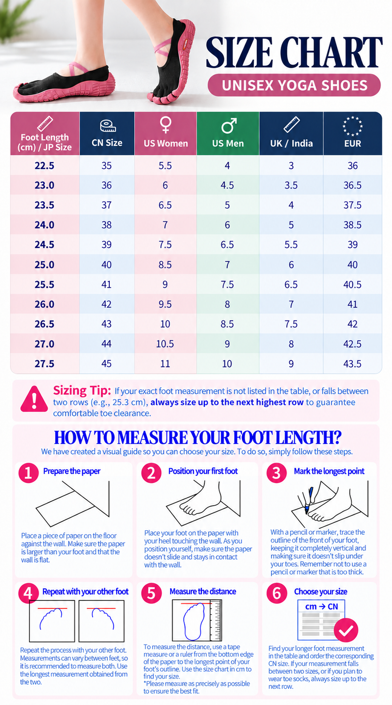 Detailed size chart and measurement guide for Yoga Shoes For Plantar Fasciitis With Five-Toe Design