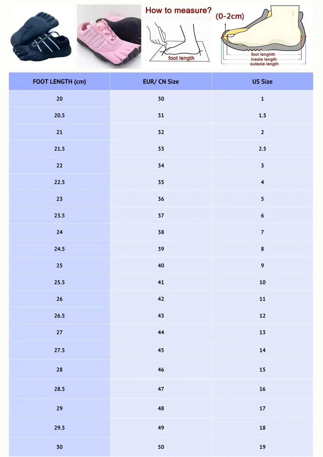 Yoga toes shoes size chart with US and EU sizes