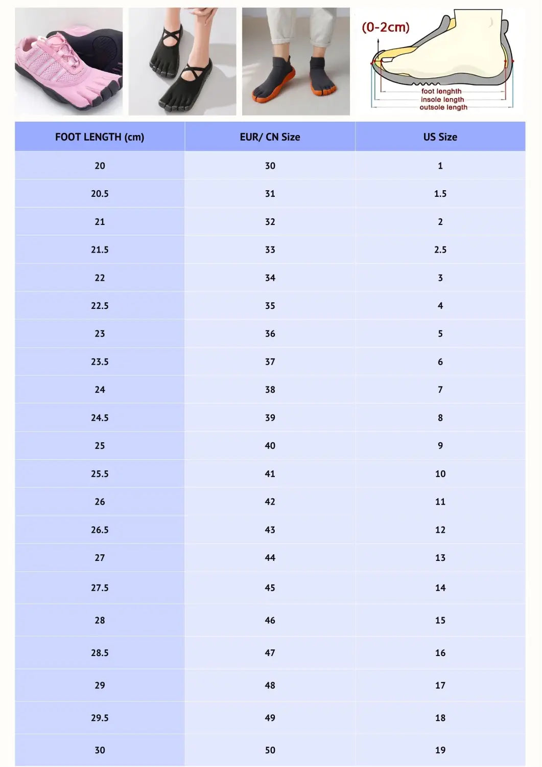 Yoga toes shoes size chart with US and EU sizes
