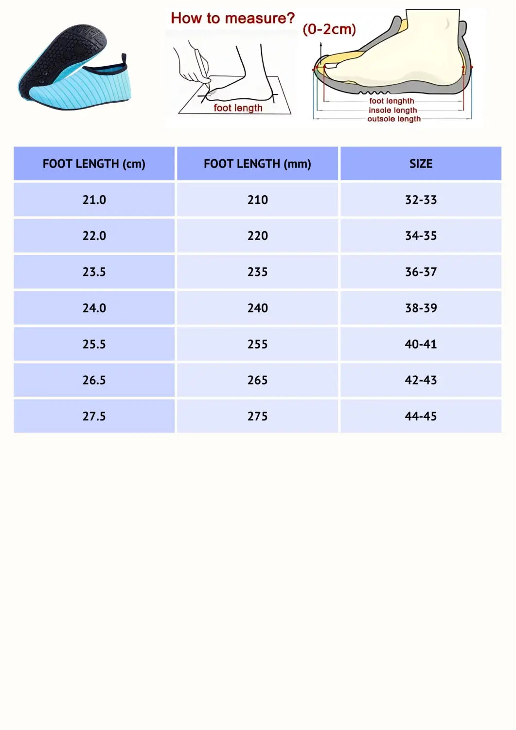 Yogi Shoes size guide chart showing foot length in cm, mm, and sizes