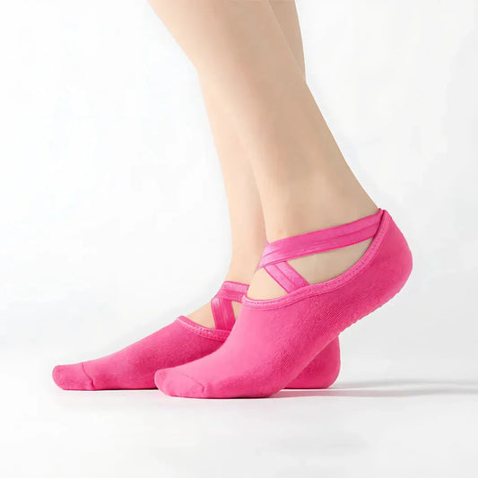 Barre Workout Socks With Non Slip Towel Cushion Base - Rose Red / one size