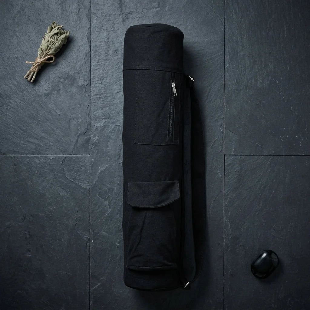 Black Canvas Yoga Bag For Mat With Pockets - Black