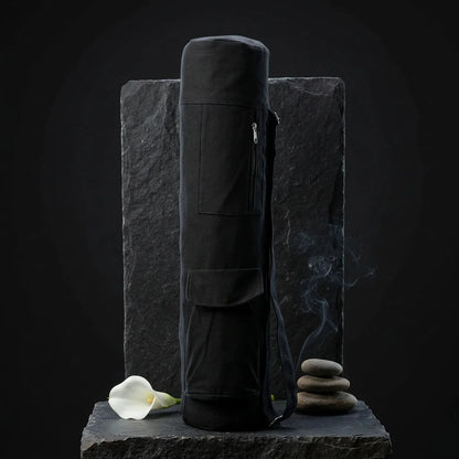 Black Canvas Yoga Bag For Mat With Pockets - Black
