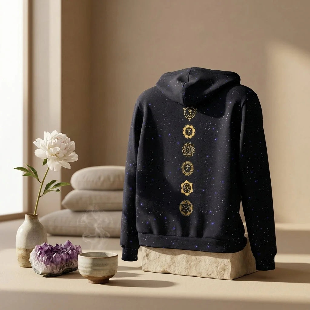 Black Hoodie Unisex With Sacred Star And Chakra Symbols