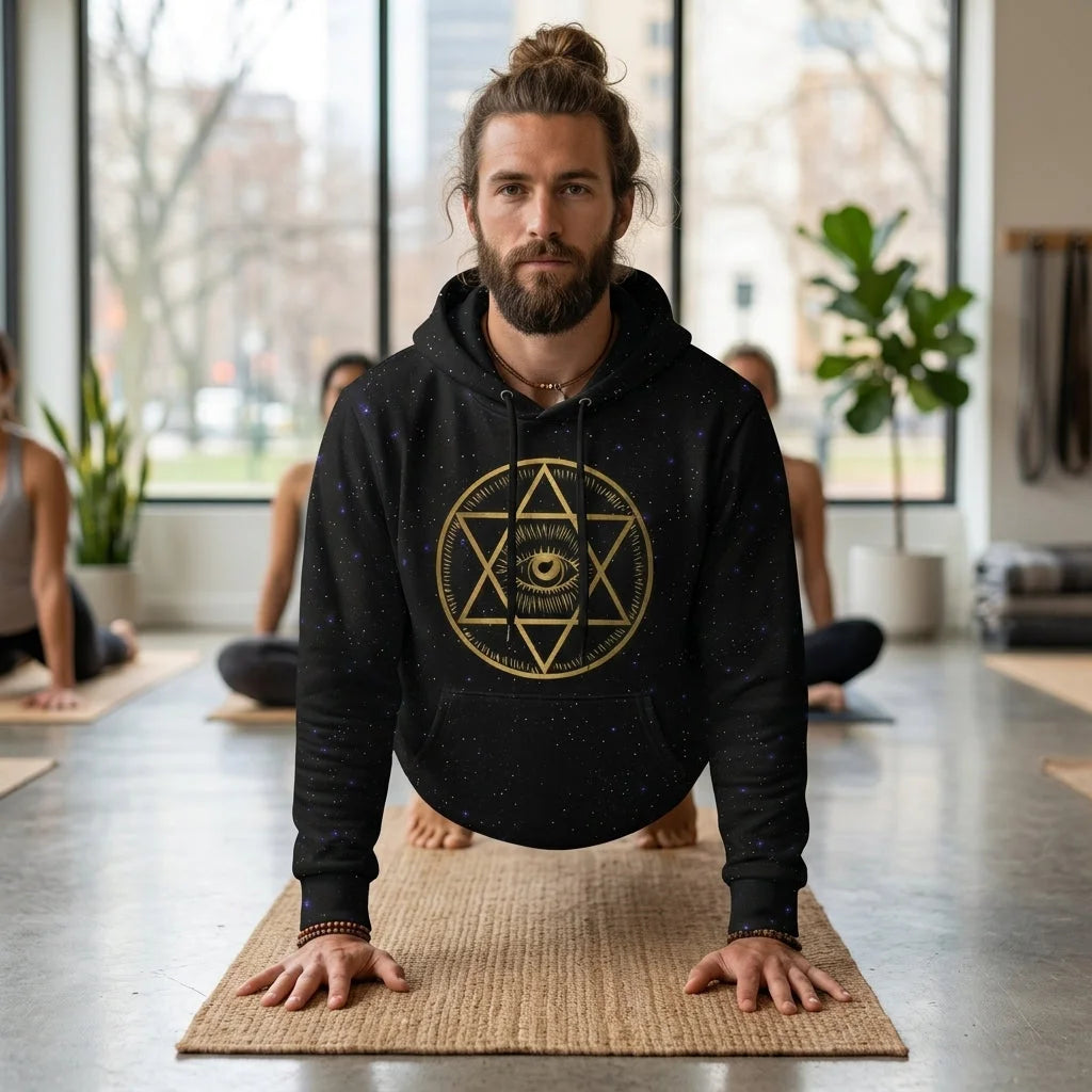 Black Hoodie Unisex With Sacred Star And Chakra Symbols