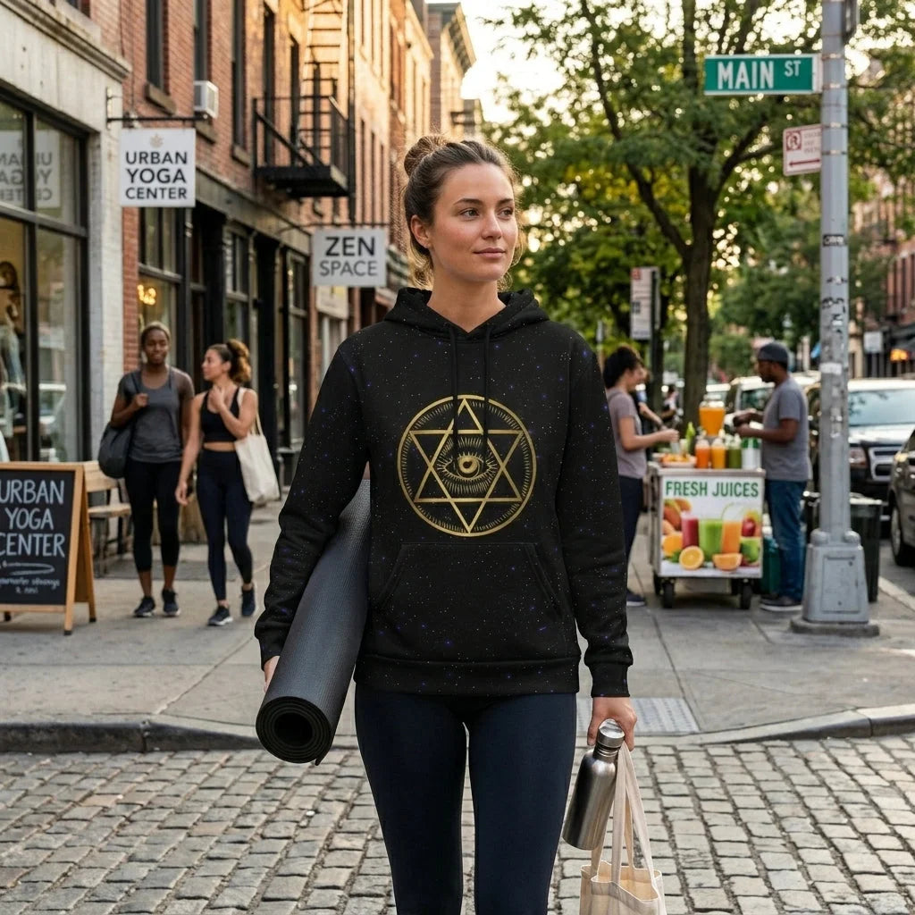 Black Hoodie Unisex With Sacred Star And Chakra Symbols