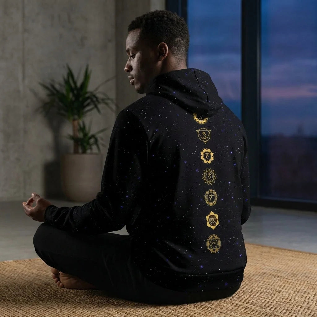 Black Hoodie Unisex With Sacred Star And Chakra Symbols