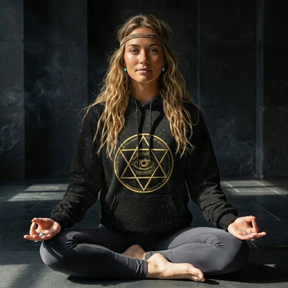Black Hoodie Unisex With Sacred Star And Chakra Symbols