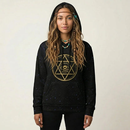 Black Hoodie Unisex With Sacred Star And Chakra Symbols