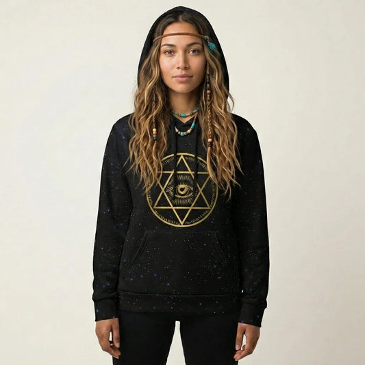 Black Hoodie Unisex With Sacred Star And Chakra Symbols