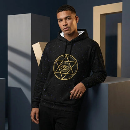 Black Hoodie Unisex With Sacred Star And Chakra Symbols