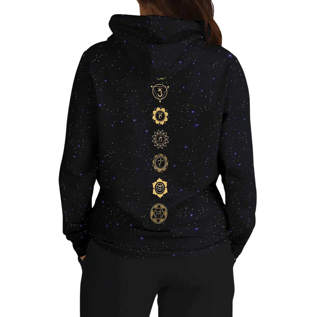 Black Hoodie Unisex With Sacred Star And Chakra Symbols