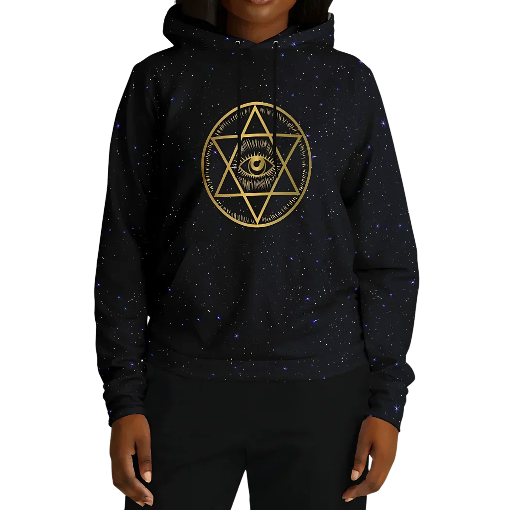 Black Hoodie Unisex With Sacred Star And Chakra Symbols