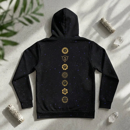 Black Hoodie Unisex With Sacred Star And Chakra Symbols