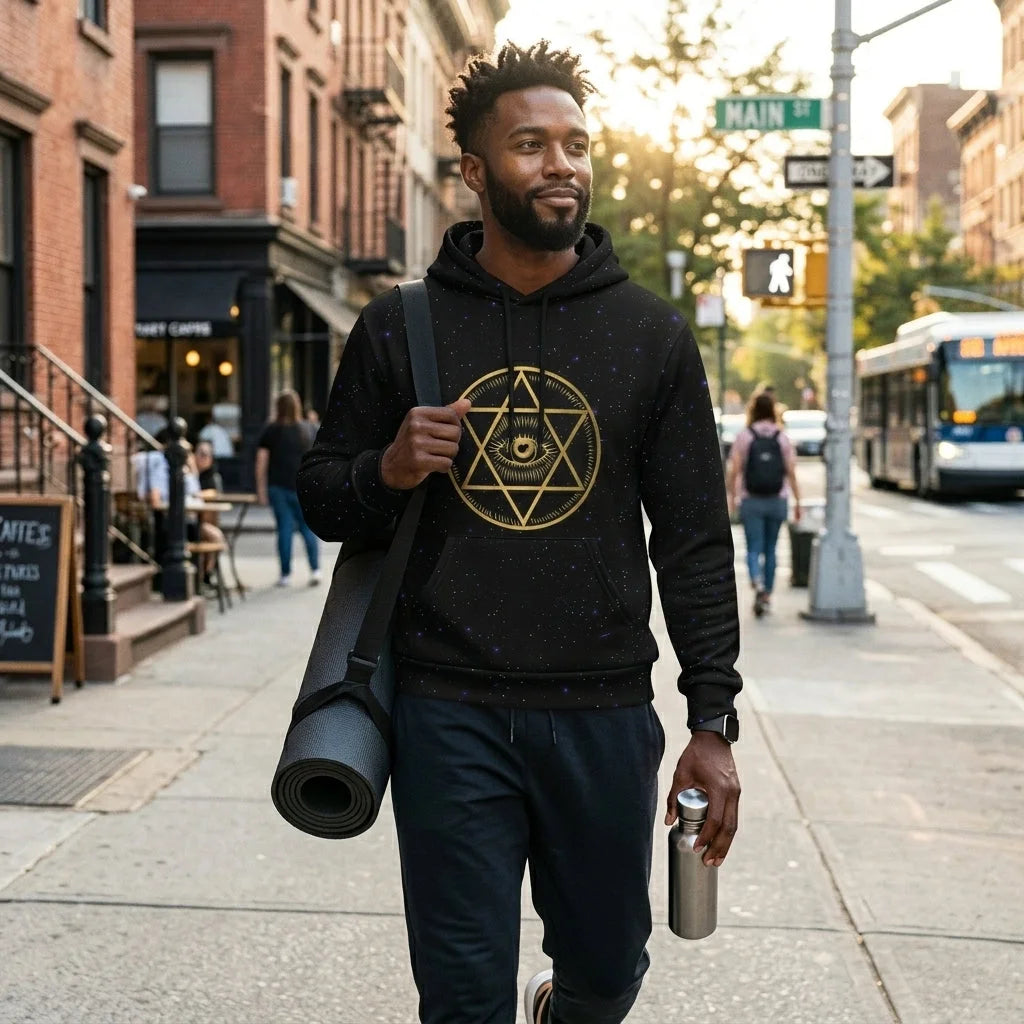 Black Hoodie Unisex With Sacred Star And Chakra Symbols