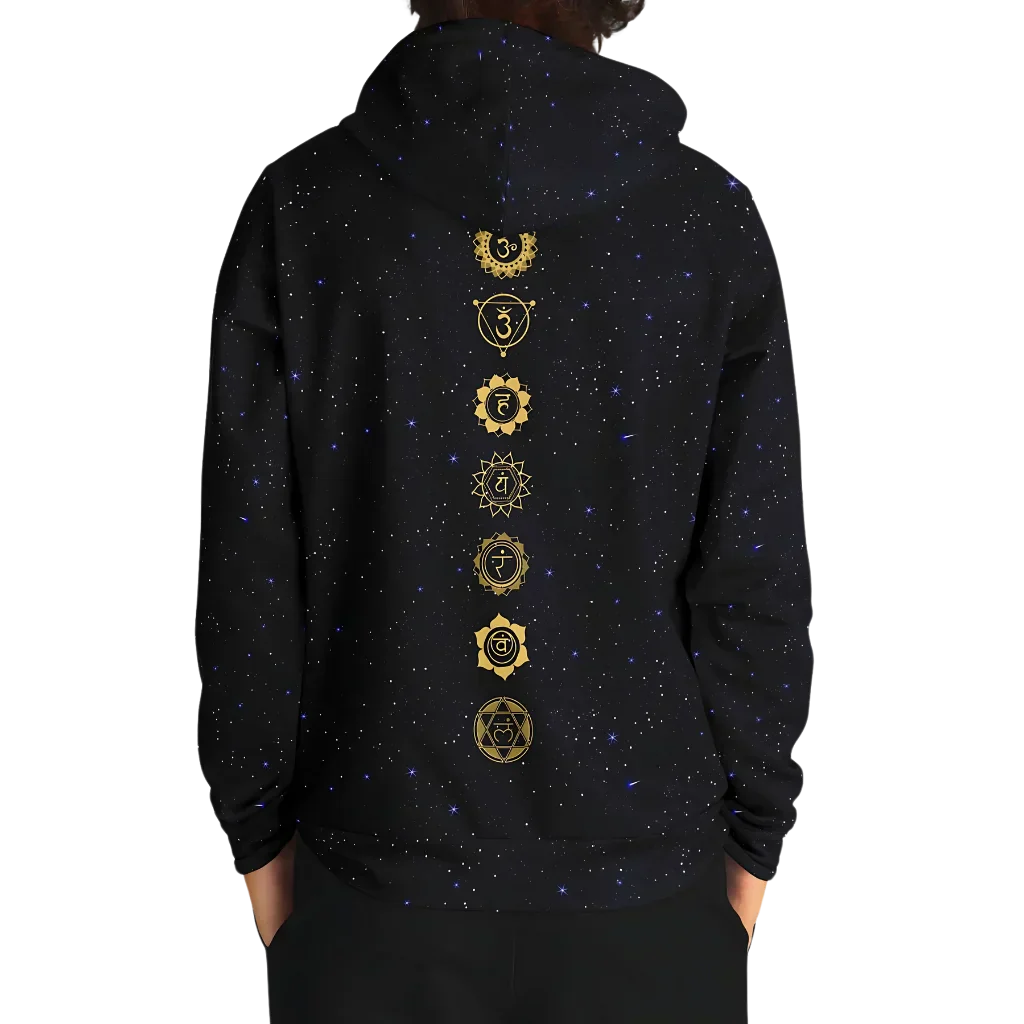 Black Hoodie Unisex With Sacred Star And Chakra Symbols