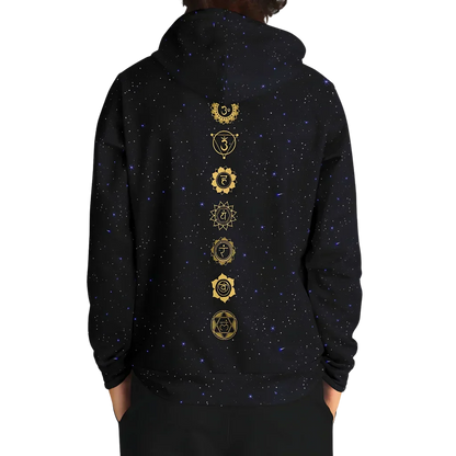 Black Hoodie Unisex With Sacred Star And Chakra Symbols