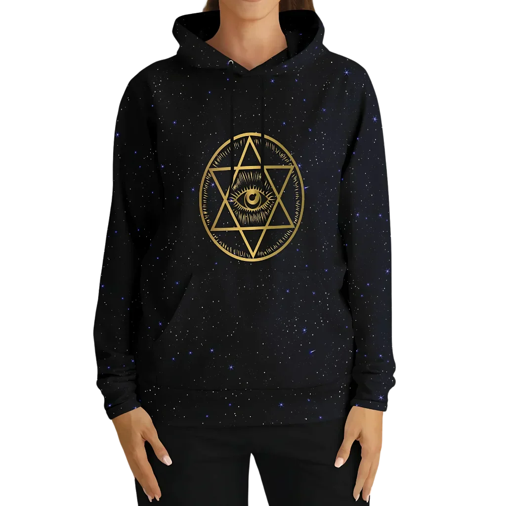 Black Hoodie Unisex With Sacred Star And Chakra Symbols