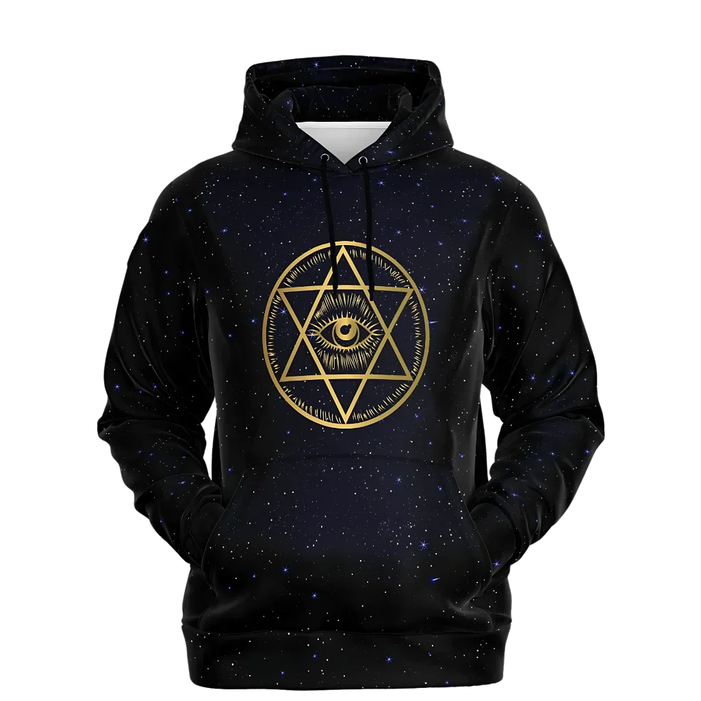 Black Hoodie Unisex With Sacred Star And Chakra Symbols - XS