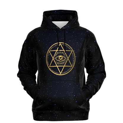 Black Hoodie Unisex With Sacred Star And Chakra Symbols - XS
