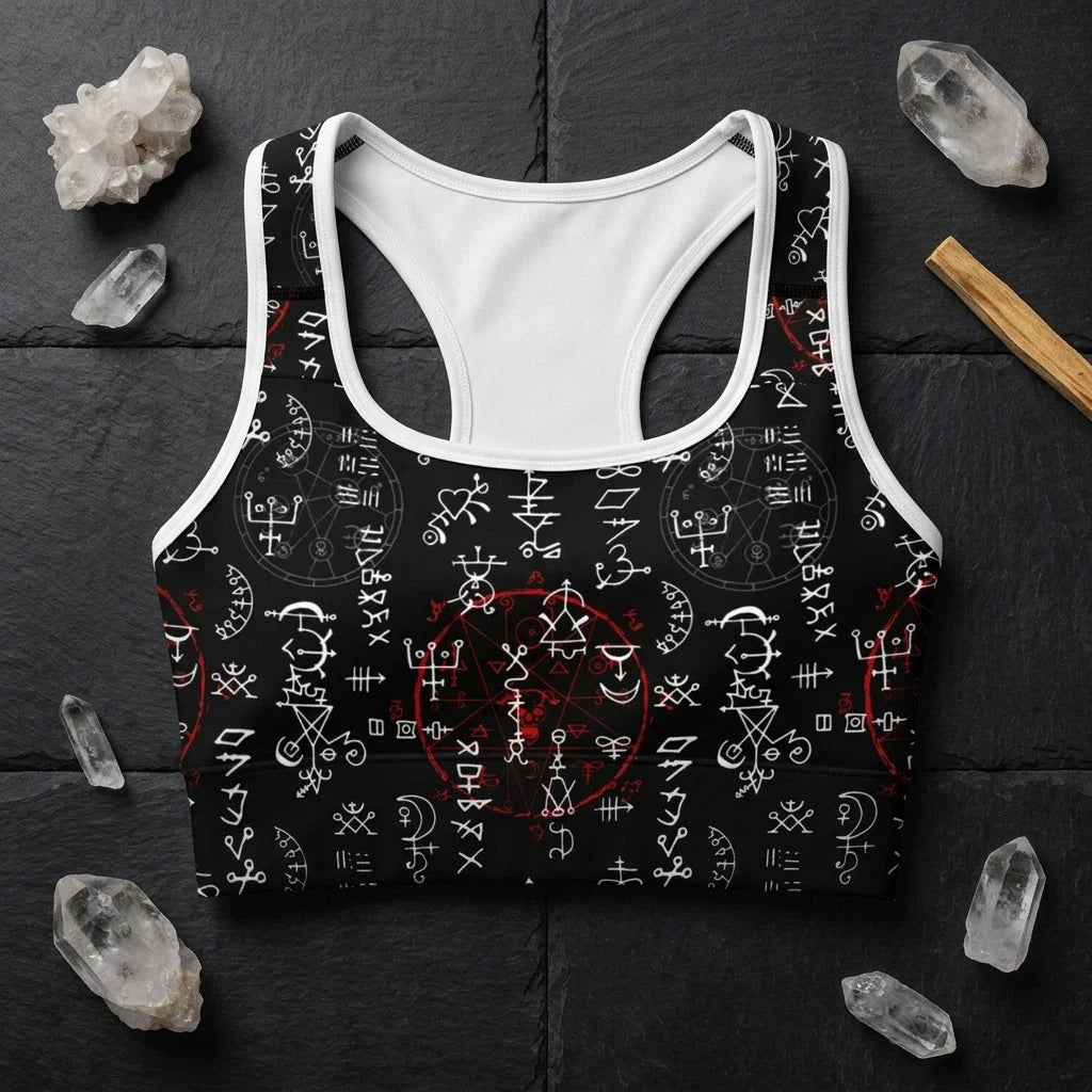 Black Sports Bra With Alchemy Symbol Print
