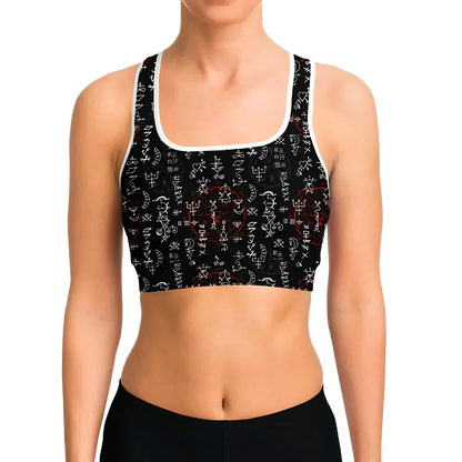 Black Sports Bra With Alchemy Symbol Print