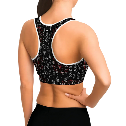 Black Sports Bra With Alchemy Symbol Print