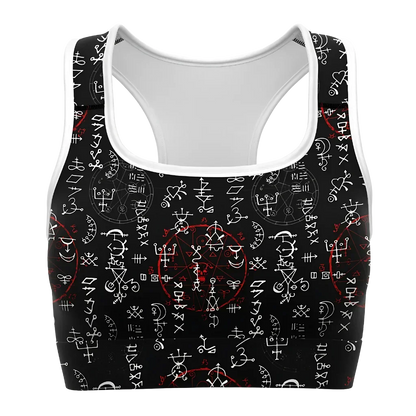 Black Sports Bra With Alchemy Symbol Print - XS