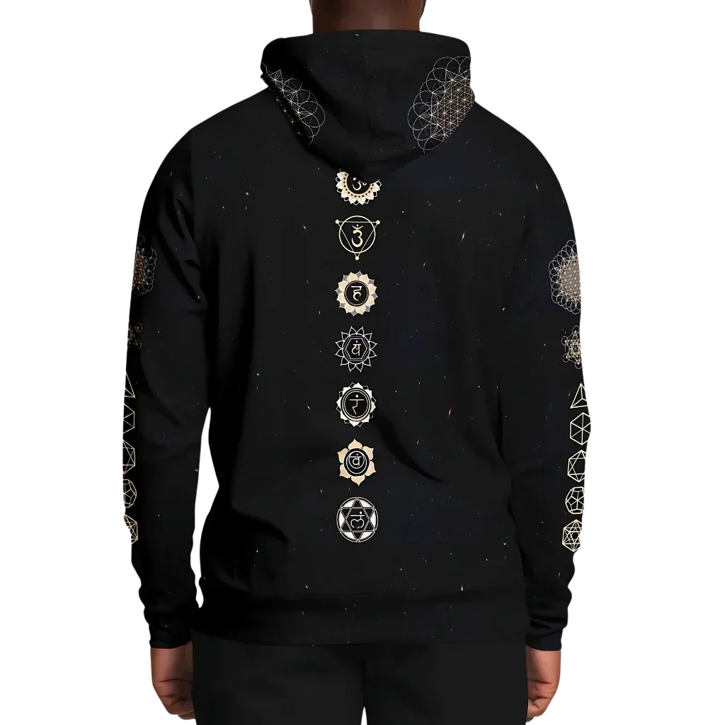 Black Unisex Hoodie With Hamsa And Sacred Geometry