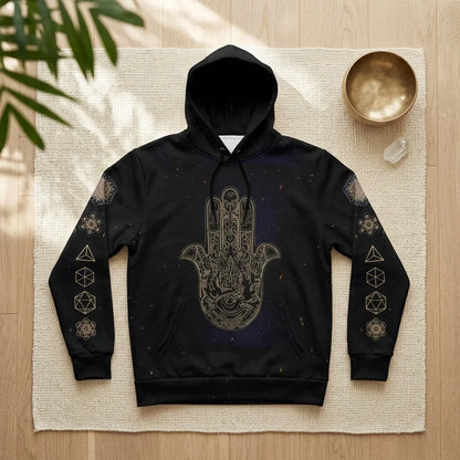 Black Unisex Hoodie With Hamsa And Sacred Geometry