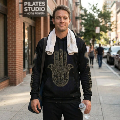 Black Unisex Hoodie With Hamsa And Sacred Geometry