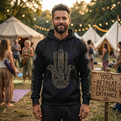 Black Unisex Hoodie With Hamsa And Sacred Geometry