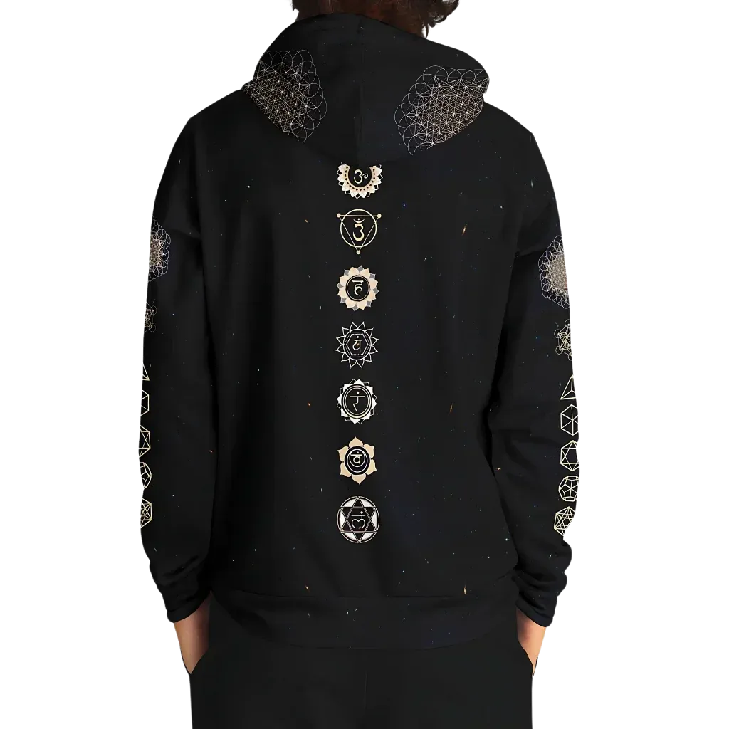 Black Unisex Hoodie With Hamsa And Sacred Geometry