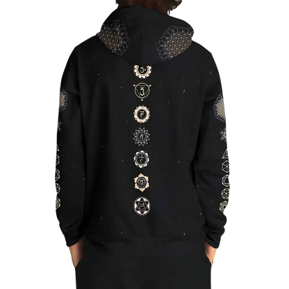 Black Unisex Hoodie With Hamsa And Sacred Geometry